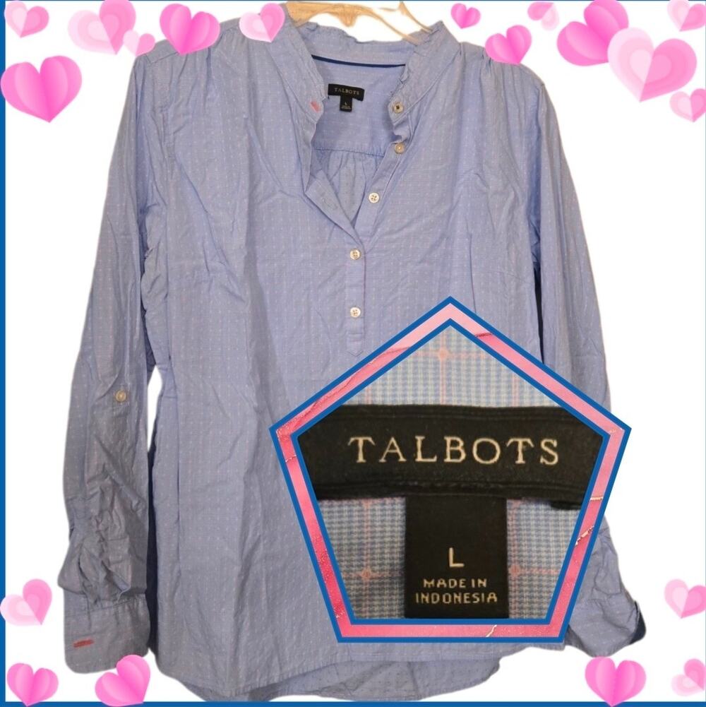 Talbots Blue Micro Dot Long Sleeve Popover Blouse Size L
